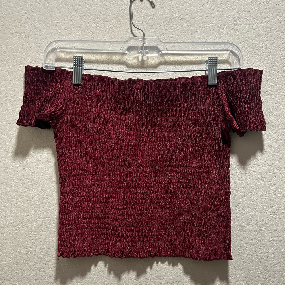 burgundy off the shoulder crop top